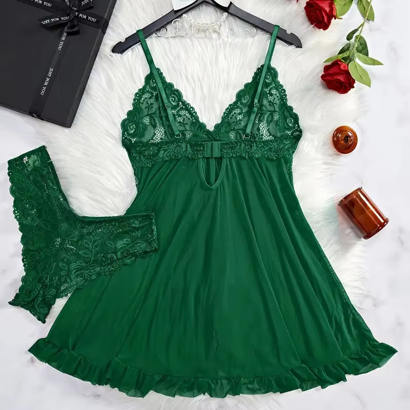 AliExpress 2 Pcs Set Lace Nightgown Women Exquisite Homewear New Green Nighttime Pajamas Transparent Split Nightdress V-Neck Bra Panty Sets, view 2