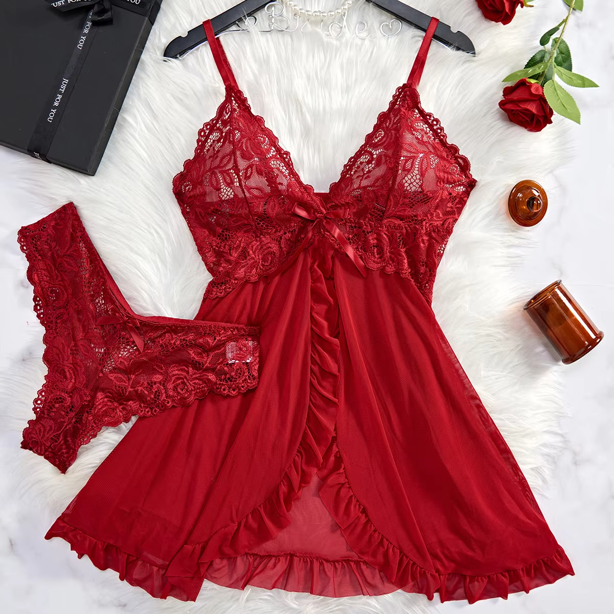 AliExpress 2 Pcs Set Lace Nightgown Women Exquisite Homewear New Green Nighttime Pajamas Transparent Split Nightdress V-Neck Bra Panty Sets, view 4