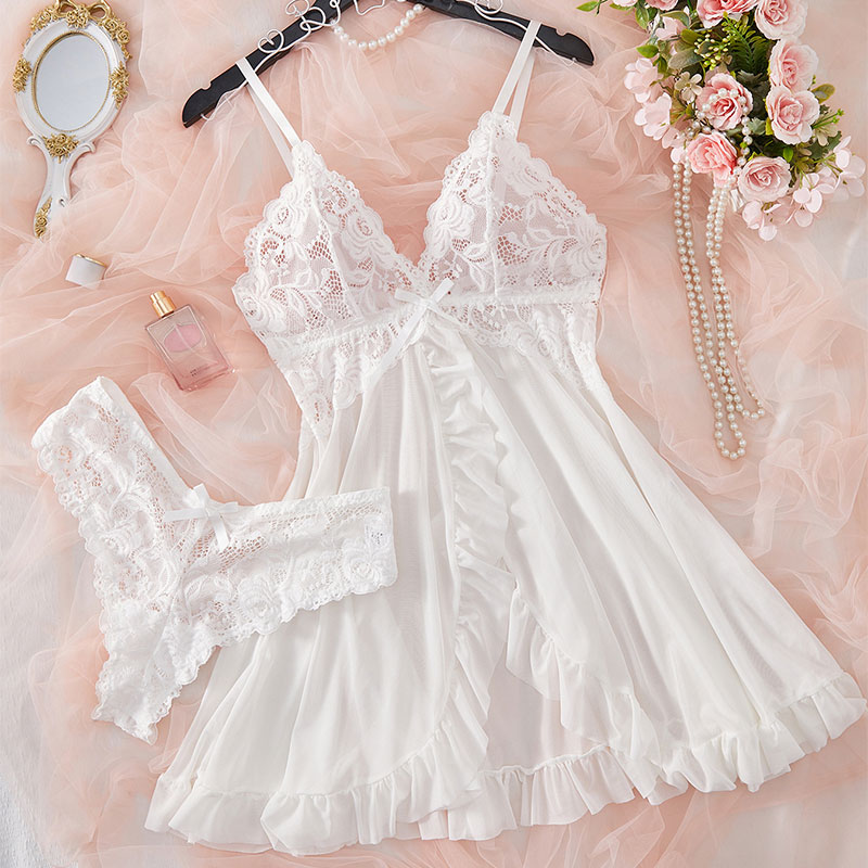 AliExpress 2 Pcs Set Lace Nightgown Women Exquisite Homewear New Green Nighttime Pajamas Transparent Split Nightdress V-Neck Bra Panty Sets, view 5