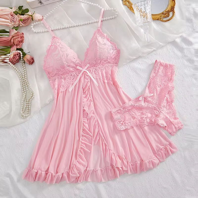 AliExpress 2 Pcs Set Lace Nightgown Women Exquisite Homewear New Green Nighttime Pajamas Transparent Split Nightdress V-Neck Bra Panty Sets, view 6