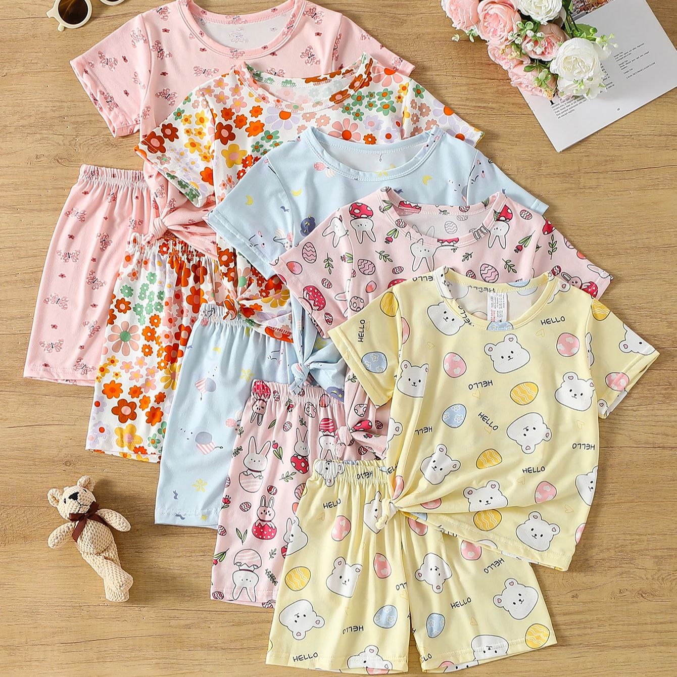 AliExpress 2-Piece Children's Summer Cute cartoon Printed Short-Sleeved Shorts Set for Boys and Girls Casual and Comfortable T-Shirt Shorts, view 2