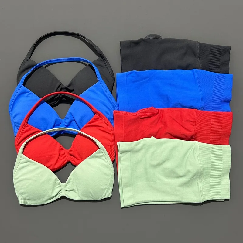 AliExpress 2 Pieces HISTELLO Sports Set Seamless Strappy Yoga Bra High Waist Scrunch Shorts Breathable Elastic Gym Workout Fitness Clothes, view 2