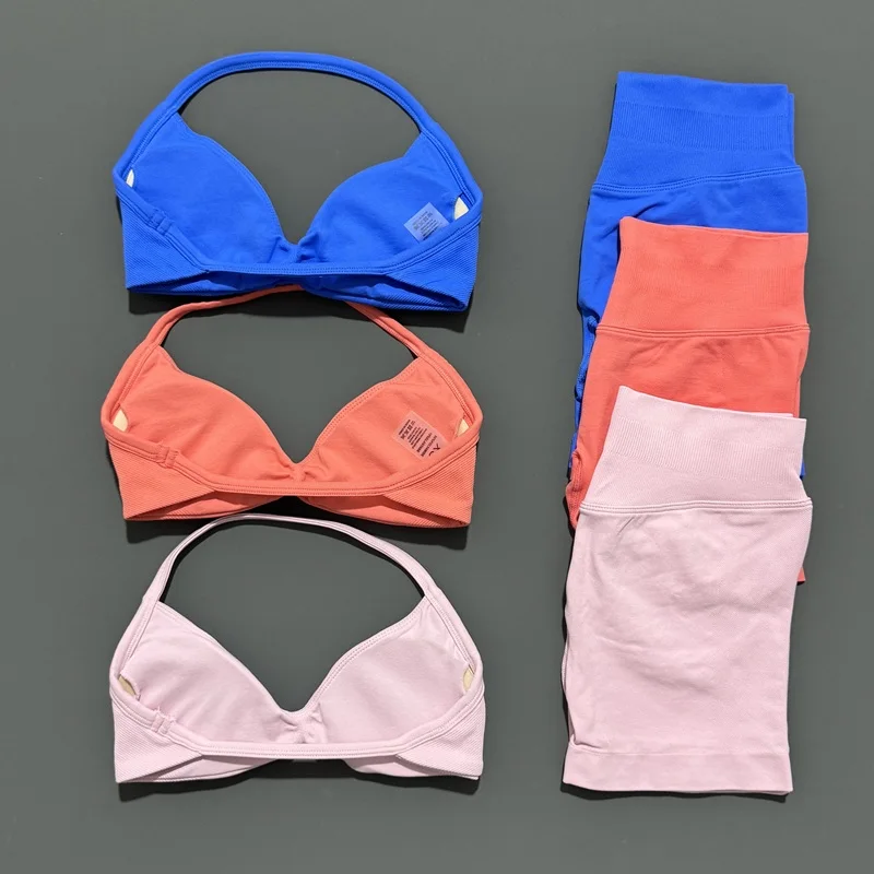 AliExpress 2 Pieces HISTELLO Sports Set Seamless Strappy Yoga Bra High Waist Scrunch Shorts Breathable Elastic Gym Workout Fitness Clothes, view 4
