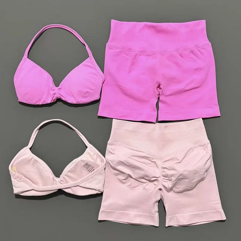 AliExpress 2 Pieces HISTELLO Sports Set Seamless Strappy Yoga Bra High Waist Scrunch Shorts Breathable Elastic Gym Workout Fitness Clothes, view 5
