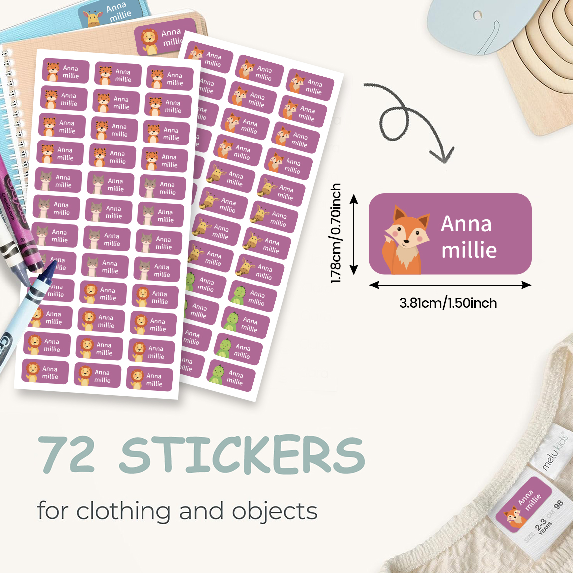 AliExpress 2 Sheets 72pcs Personalized Name Stickers with Cute Animal, Waterproof Custom Labels for Kids’ School, Water Bottles, Books, view 4