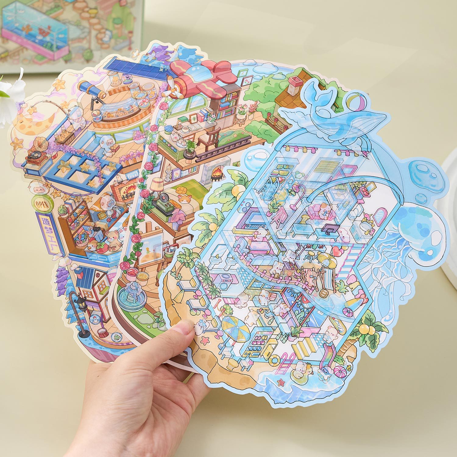 AliExpress 20 Sheets/pack Cute Style Stacked Miniature Scene 3D Cabin Quiet Book Sticker Book Foggy Town Series, view 2