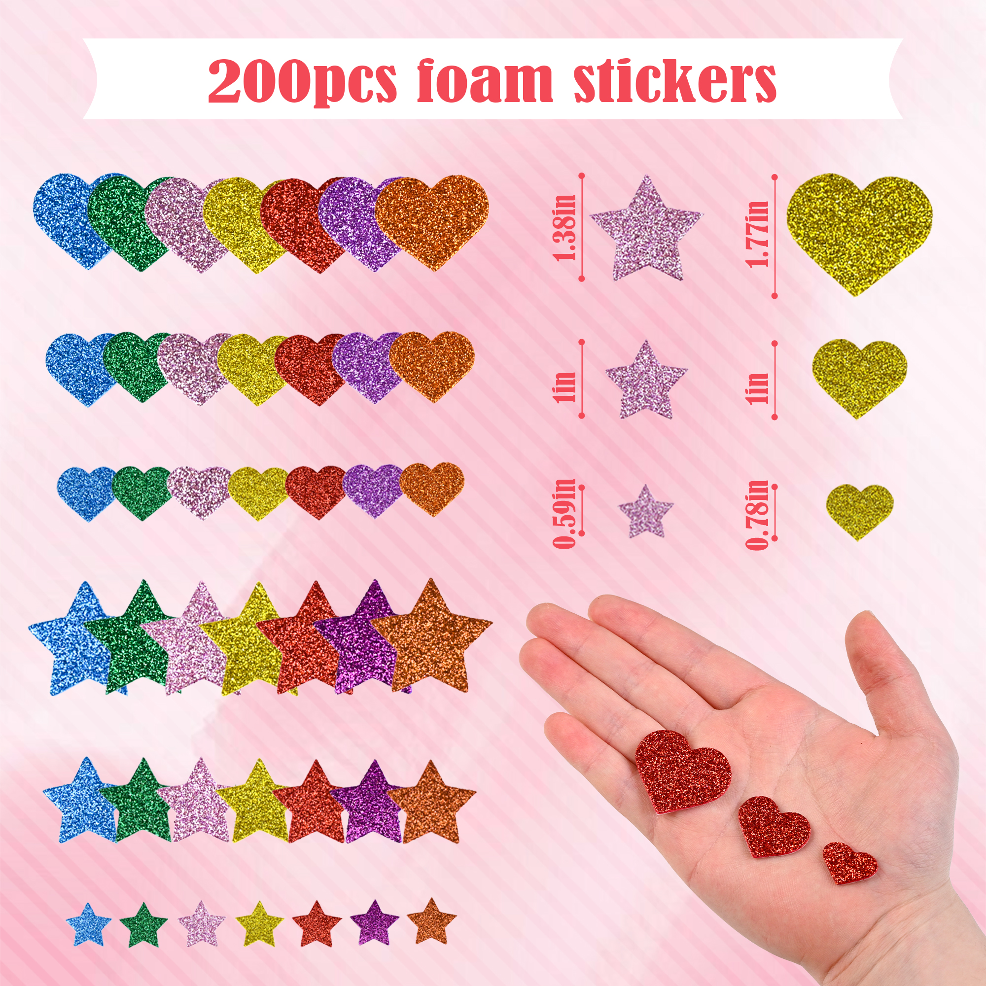 AliExpress 200 Pieces Colorful Glitter Foam Stickers Self Adhesive Stars Mini Heart Shapes Glitter Stickers, Kid's Arts Craft Supplies Gree, view 2