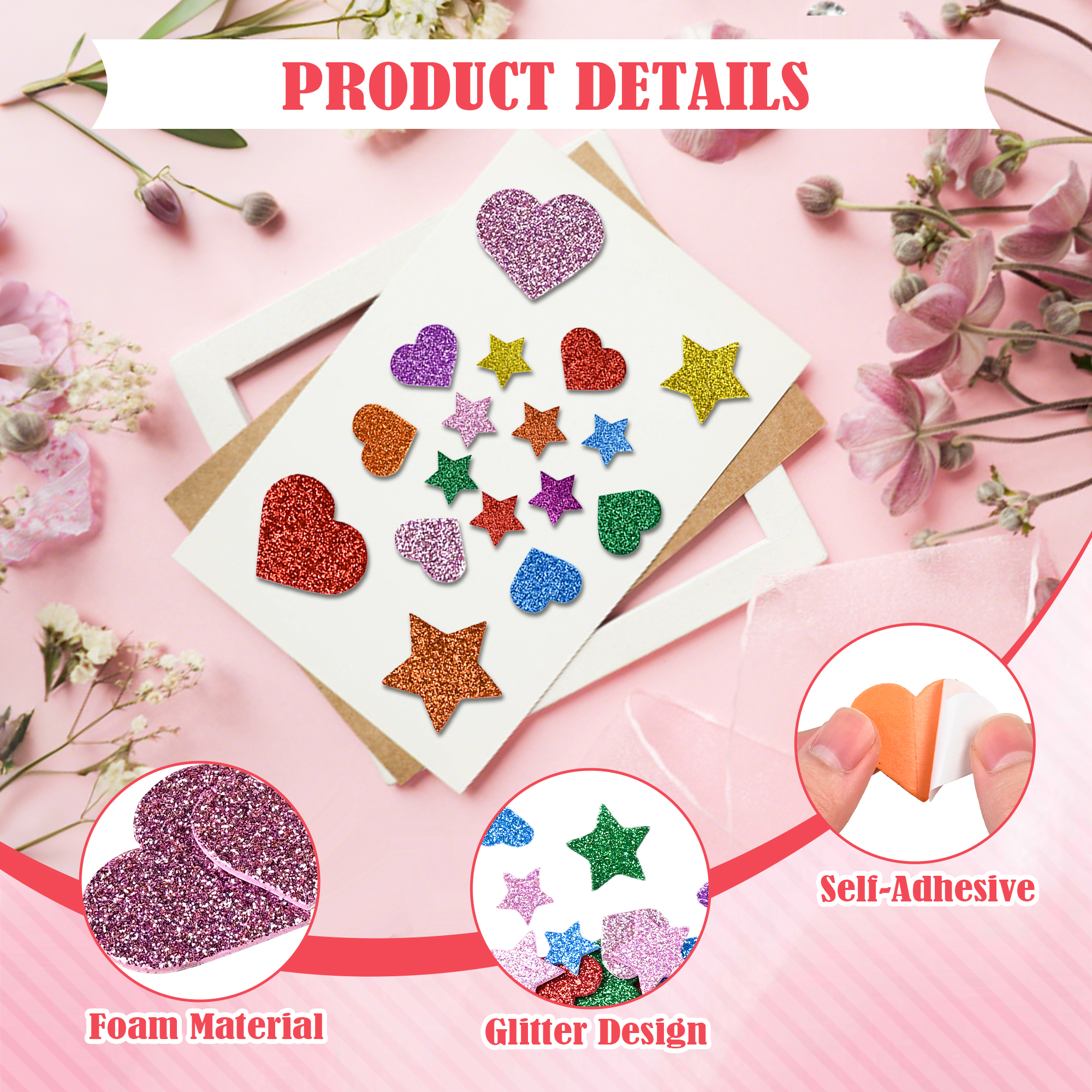 AliExpress 200 Pieces Colorful Glitter Foam Stickers Self Adhesive Stars Mini Heart Shapes Glitter Stickers, Kid's Arts Craft Supplies Gree, view 4