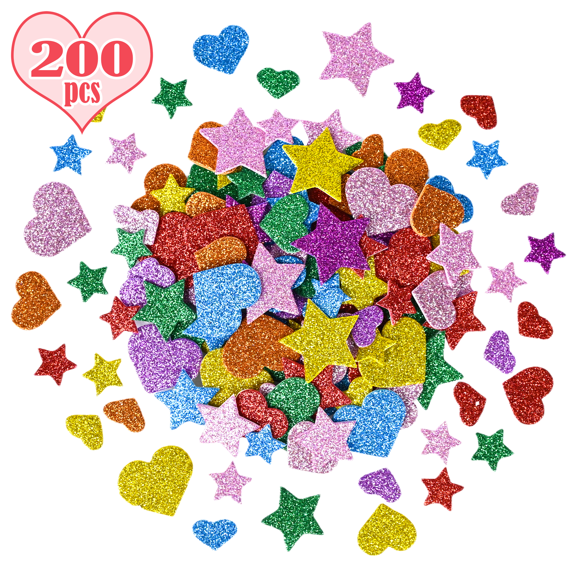 AliExpress 200 Pieces Colorful Glitter Foam Stickers Self Adhesive Stars Mini Heart Shapes Glitter Stickers, Kid's Arts Craft Supplies Gree