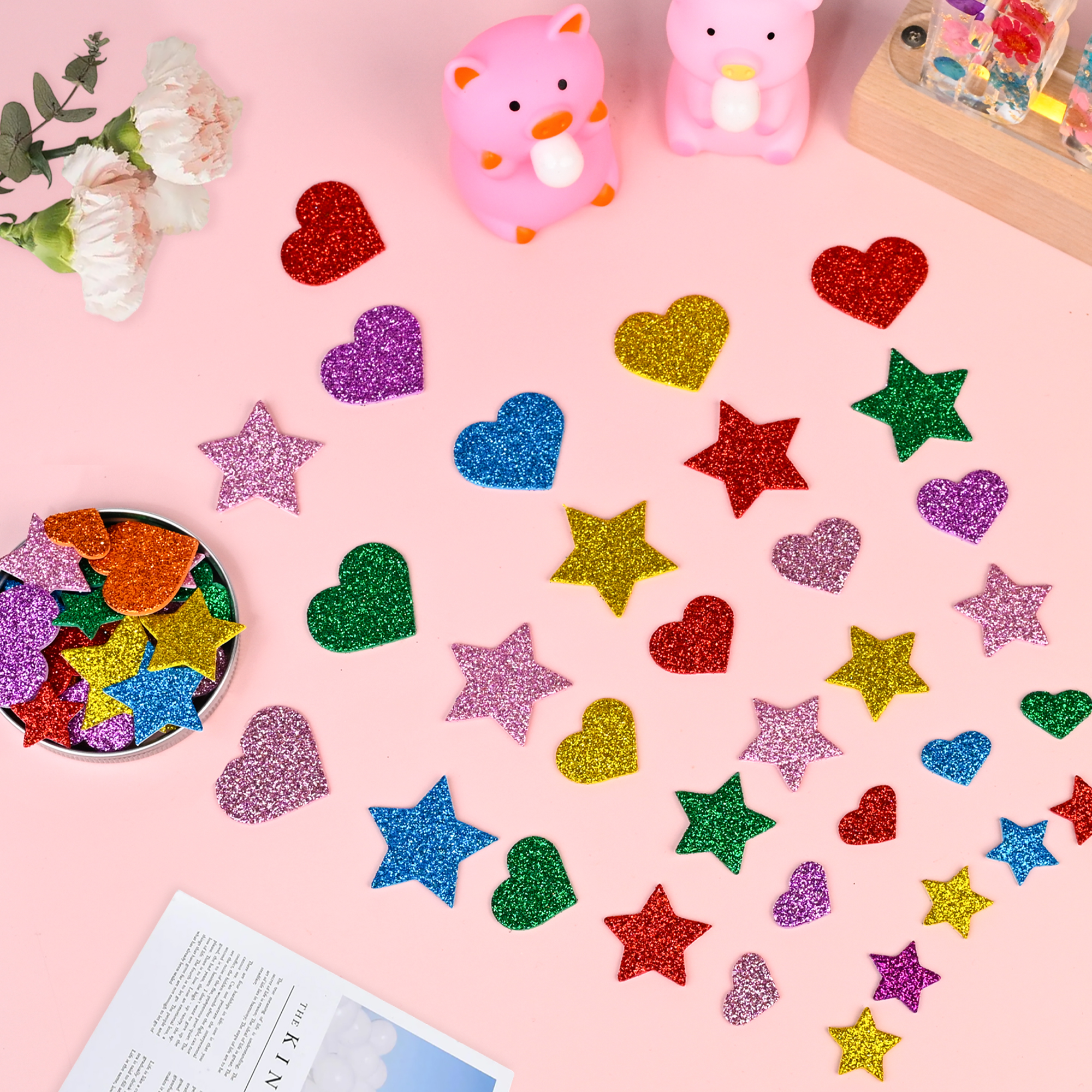 AliExpress 200 Pieces Colorful Glitter Foam Stickers Self Adhesive Stars Mini Heart Shapes Glitter Stickers, Kid's Arts Craft Supplies Gree, view 3