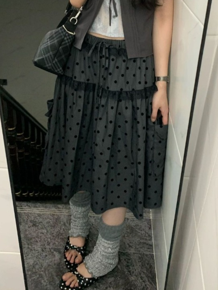 AliExpress 2000 Aesthetic Gray Design Polka Dot Skirt Women New American Retro Cute Skirts Female A-line Hottie Lace Korean Popular Clothes