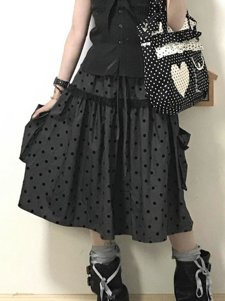 AliExpress 2000 Aesthetic Gray Design Polka Dot Skirt Women New American Retro Cute Skirts Female A-line Hottie Lace Korean Popular Clothes, view 2