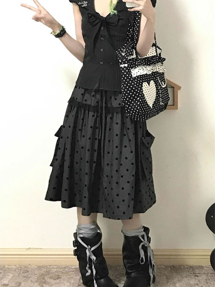 AliExpress 2000 Aesthetic Gray Design Polka Dot Skirt Women New American Retro Cute Skirts Female A-line Hottie Lace Korean Popular Clothes, view 3