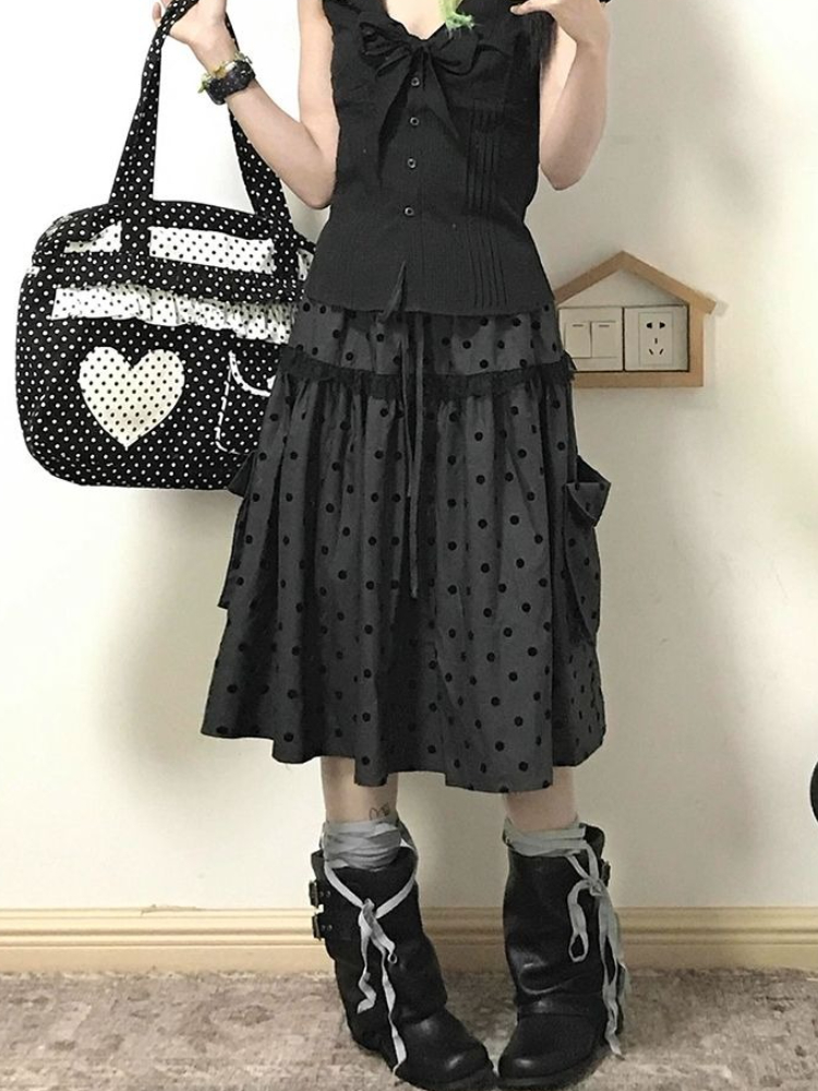 AliExpress 2000 Aesthetic Gray Design Polka Dot Skirt Women New American Retro Cute Skirts Female A-line Hottie Lace Korean Popular Clothes, view 4