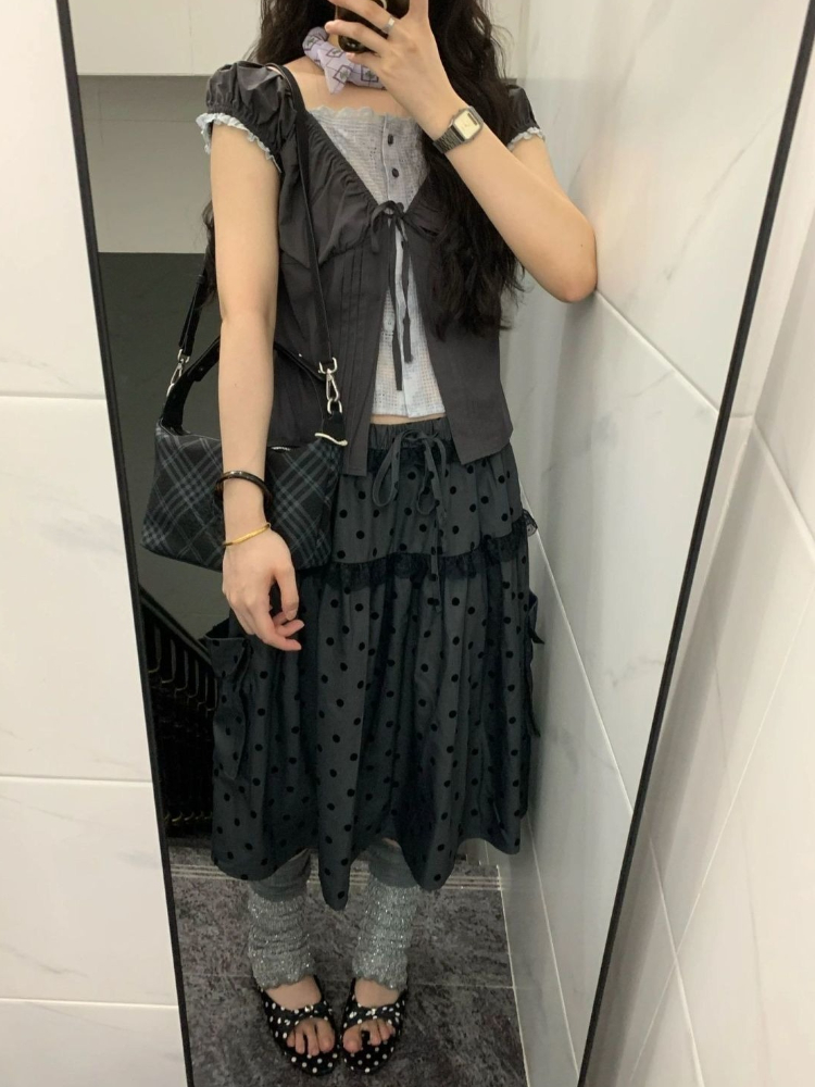 AliExpress 2000 Aesthetic Gray Design Polka Dot Skirt Women New American Retro Cute Skirts Female A-line Hottie Lace Korean Popular Clothes, view 5