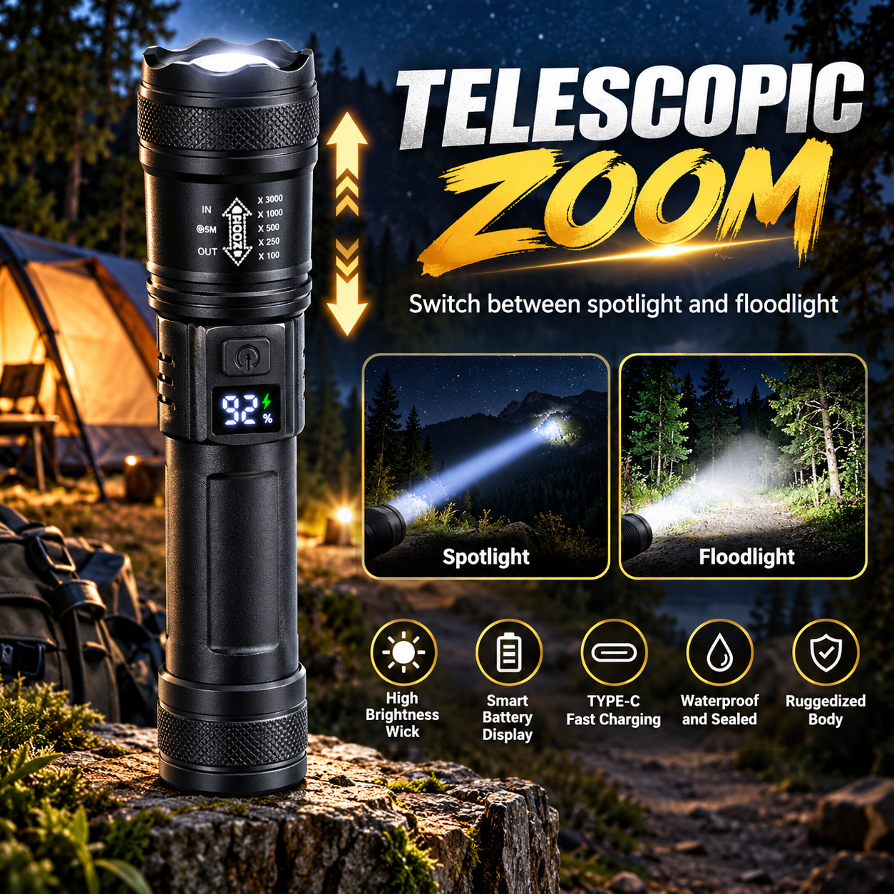 AliExpress Rechargeable Zoom Tactical LED Flashlight (2000LM), view 3