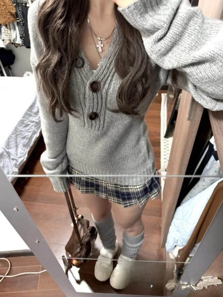 AliExpress 2000s Y2k Gray Long Sleeve Vintage Sweaters Mujer Autumn Winter New Chic Knitted Pullover Fashion Slim Fit Long Sleeve Top Women