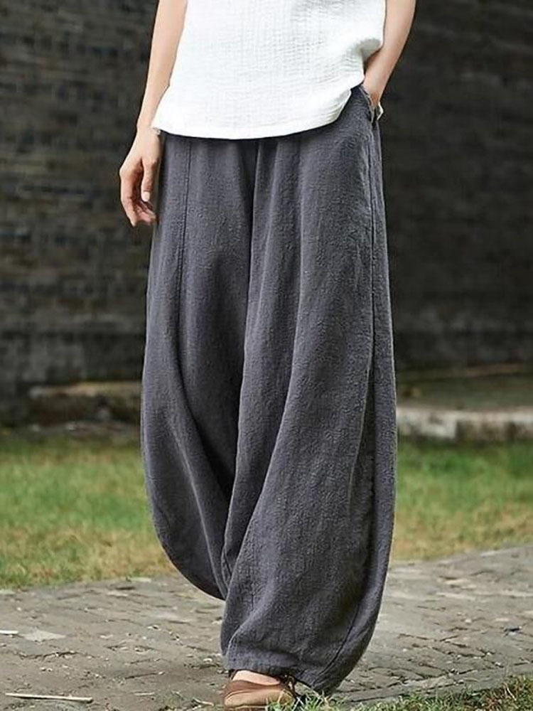 AliExpress 2024 Cotton Linen Bloomers Wide Leg Pants Women Vintage Full Length Fashion Elegent Pants Solid Elasitic Waist Spring Autumn 5XL