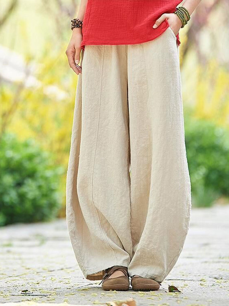 AliExpress 2024 Cotton Linen Bloomers Wide Leg Pants Women Vintage Full Length Fashion Elegent Pants Solid Elasitic Waist Spring Autumn 5XL, view 2