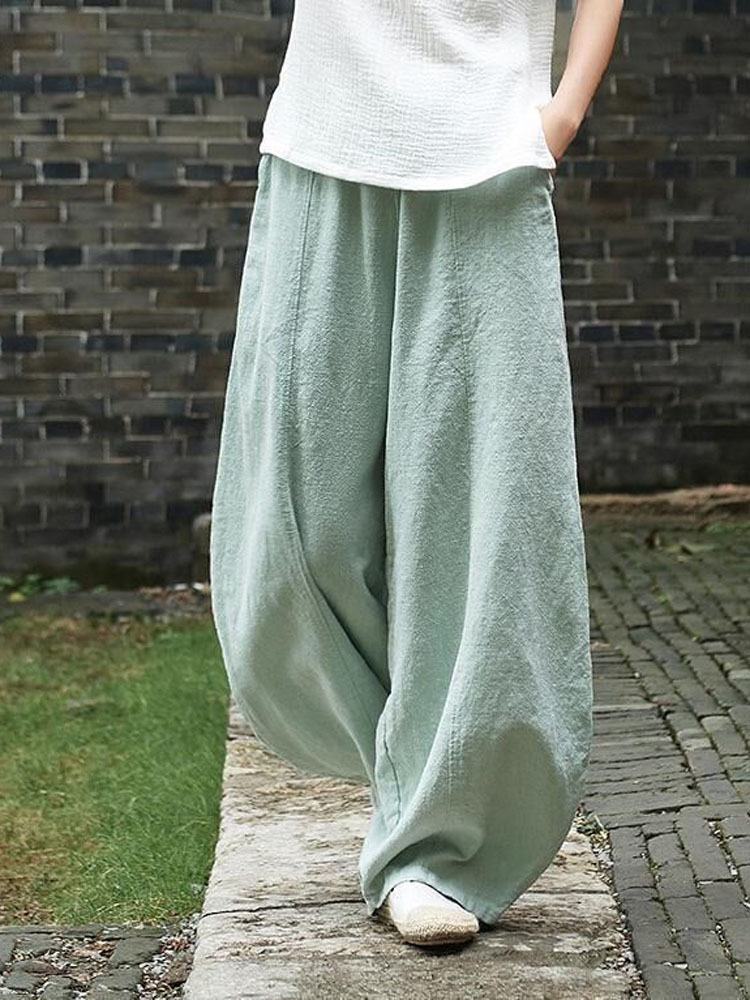 AliExpress 2024 Cotton Linen Bloomers Wide Leg Pants Women Vintage Full Length Fashion Elegent Pants Solid Elasitic Waist Spring Autumn 5XL, view 4