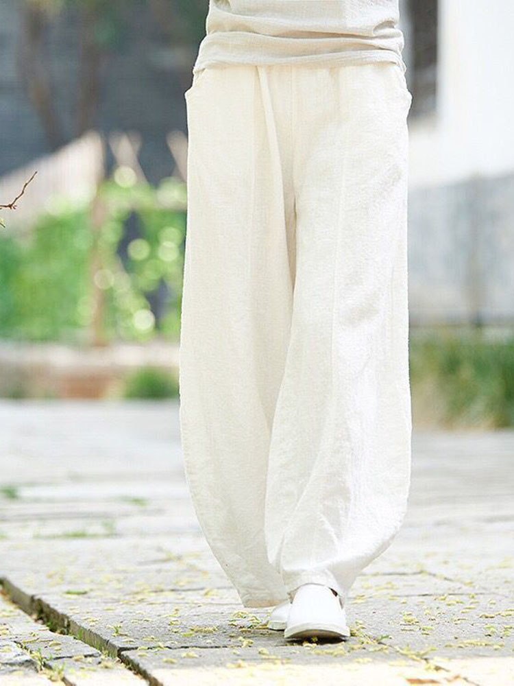 AliExpress 2024 Cotton Linen Bloomers Wide Leg Pants Women Vintage Full Length Fashion Elegent Pants Solid Elasitic Waist Spring Autumn 5XL, view 5