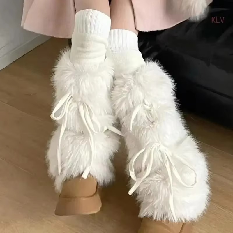 AliExpress 2024 JK Girls Boot Cuffs Leg Warmers Women Winter Warm Harajuku Sweet Ribbon Bowknot Furry Plush White Boot Cover Long Socks