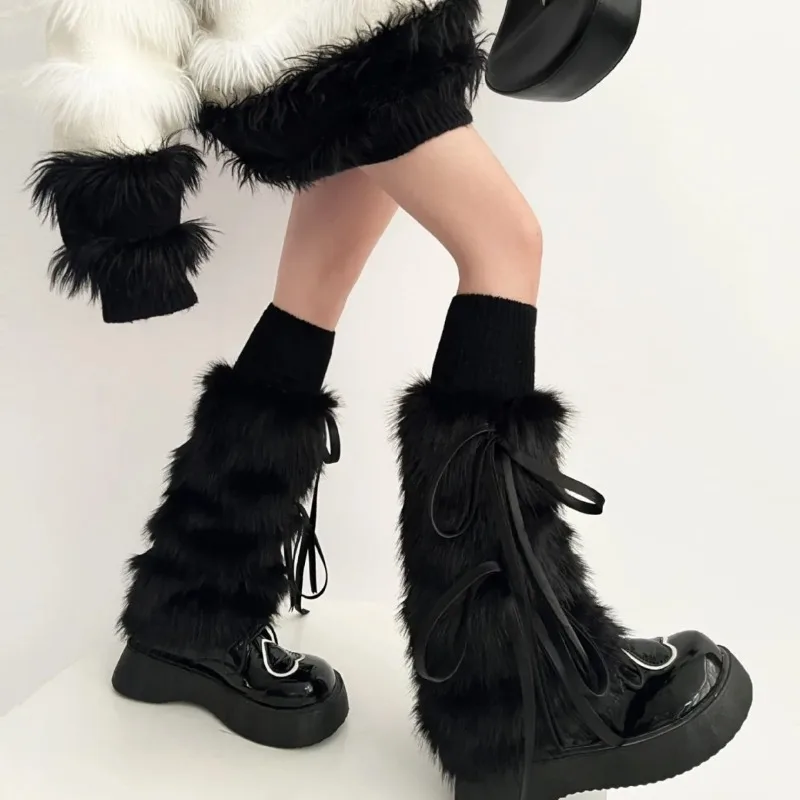 AliExpress 2024 JK Girls Boot Cuffs Leg Warmers Women Winter Warm Harajuku Sweet Ribbon Bowknot Furry Plush White Boot Cover Long Socks, view 2