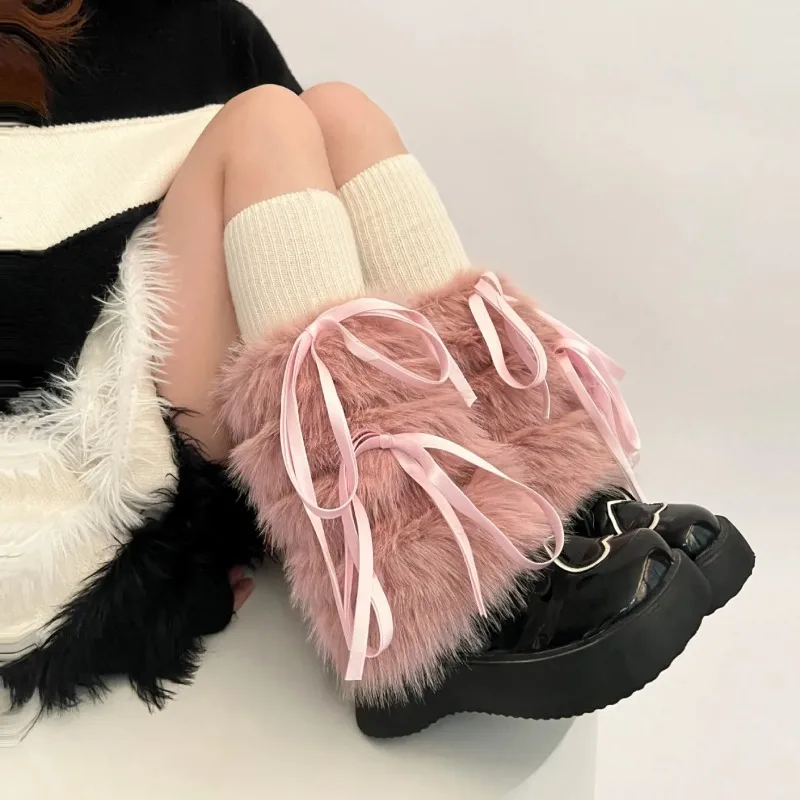 AliExpress 2024 JK Girls Boot Cuffs Leg Warmers Women Winter Warm Harajuku Sweet Ribbon Bowknot Furry Plush White Boot Cover Long Socks, view 3