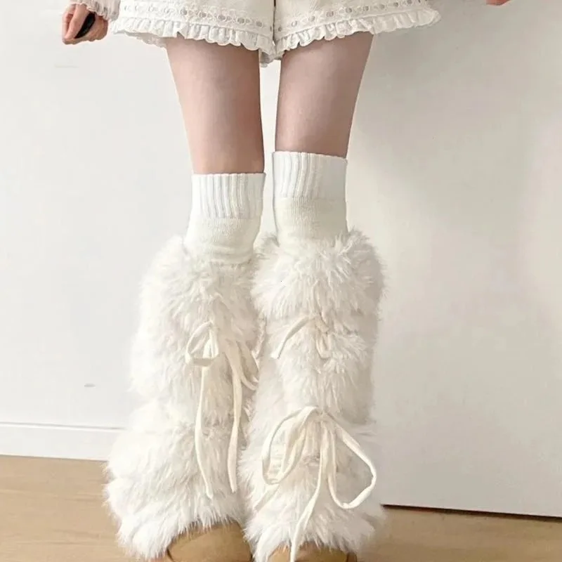 AliExpress 2024 JK Girls Boot Cuffs Leg Warmers Women Winter Warm Harajuku Sweet Ribbon Bowknot Furry Plush White Boot Cover Long Socks, view 4