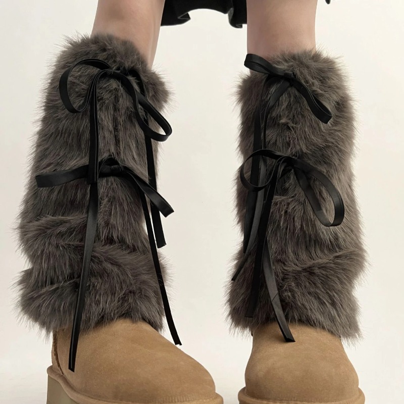 AliExpress 2024 JK Girls Boot Cuffs Leg Warmers Women Winter Warm Harajuku Sweet Ribbon Bowknot Furry Plush White Boot Cover Long Socks, view 6