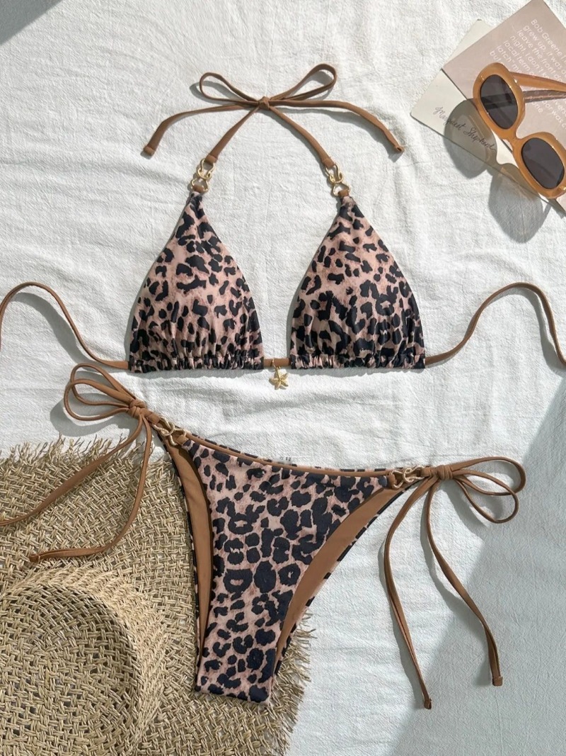 AliExpress 2025 New Arrival European and American Leopard Print Halter Bikini Set for Women, Sexy Swimsuit