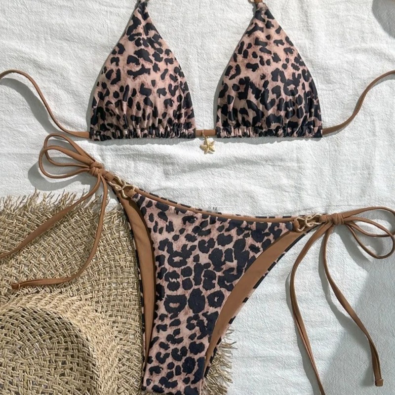 AliExpress 2025 New Arrival European and American Leopard Print Halter Bikini Set for Women, Sexy Swimsuit, view 6