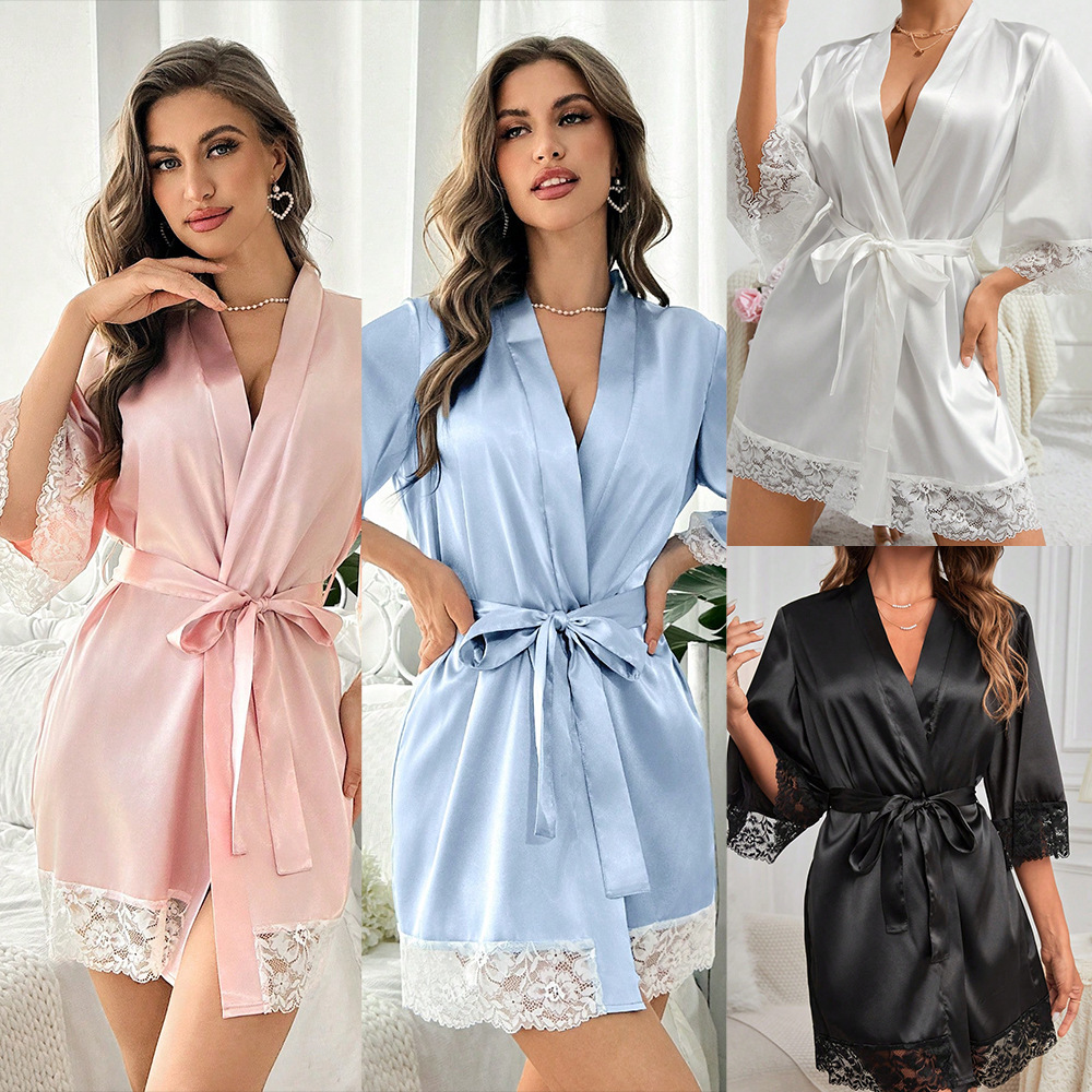 AliExpress 2025 New Ladies Elegant Satin Robe Lace Trim Kimono Short Sleepwear Nightgown V Neck Belted Bridal Loungewear Bridesmaid Gift