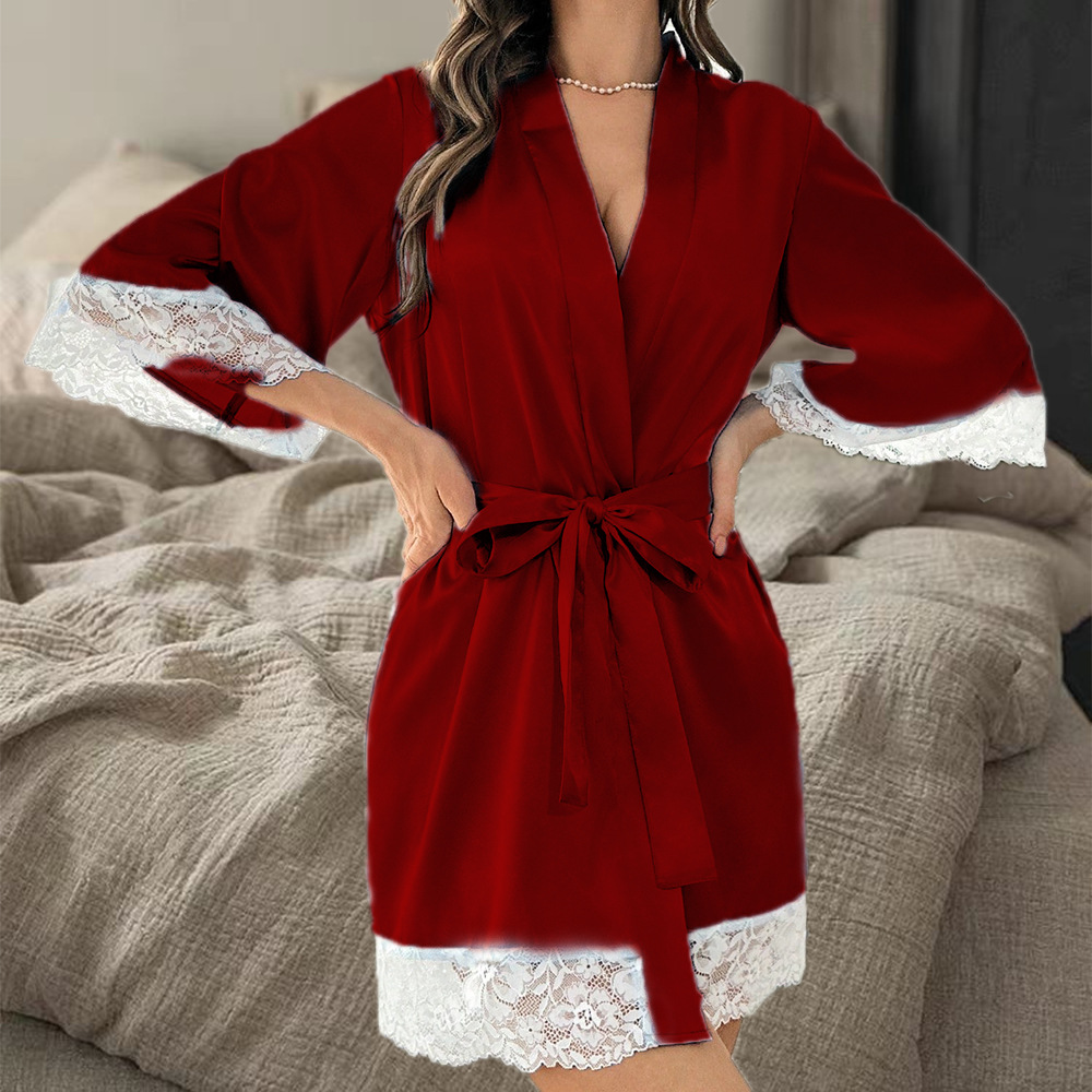 AliExpress 2025 New Ladies Elegant Satin Robe Lace Trim Kimono Short Sleepwear Nightgown V Neck Belted Bridal Loungewear Bridesmaid Gift, view 6