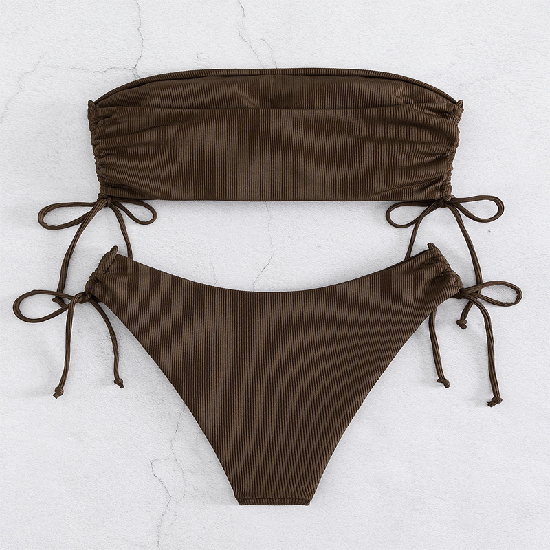 AliExpress 2025 Sexy Low Waist Swimwear New Solid Bandeau Bikini Set Women Push Up Drawstring Beachwear Swimsuit Backless Bathing Suit, view 2