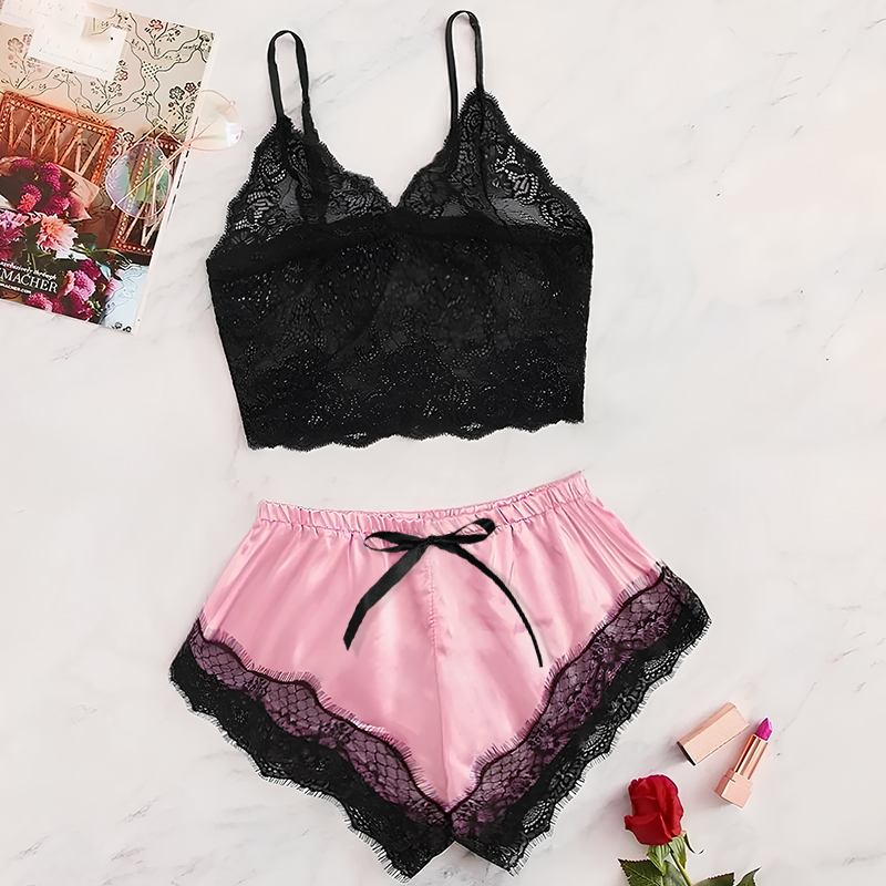 AliExpress 2025 Summer 2 Pcs Women's New Sexy Lace See-Through Pajamas Black Pink Cute Clothes Comfortable Breathable Suspender Shorts Set