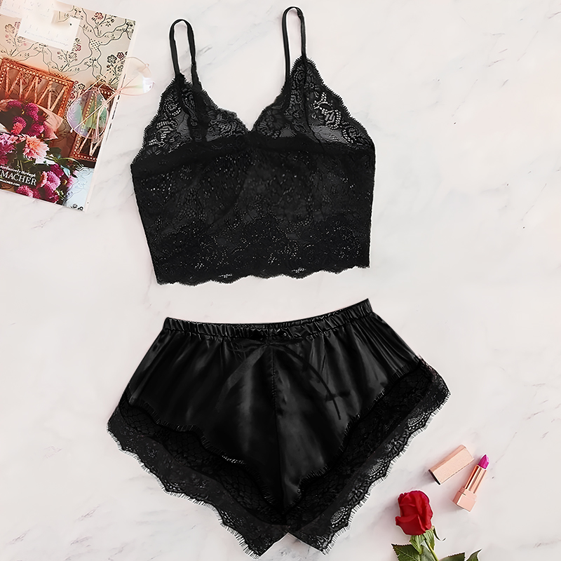AliExpress 2025 Summer 2 Pcs Women's New Sexy Lace See-Through Pajamas Black Pink Cute Clothes Comfortable Breathable Suspender Shorts Set, view 2