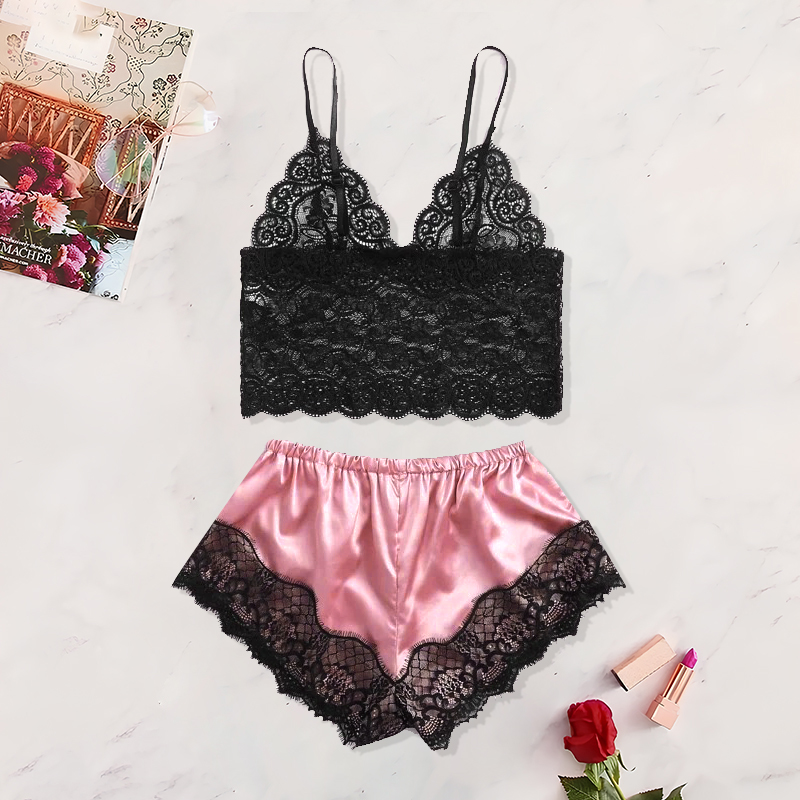AliExpress 2025 Summer 2 Pcs Women's New Sexy Lace See-Through Pajamas Black Pink Cute Clothes Comfortable Breathable Suspender Shorts Set, view 3