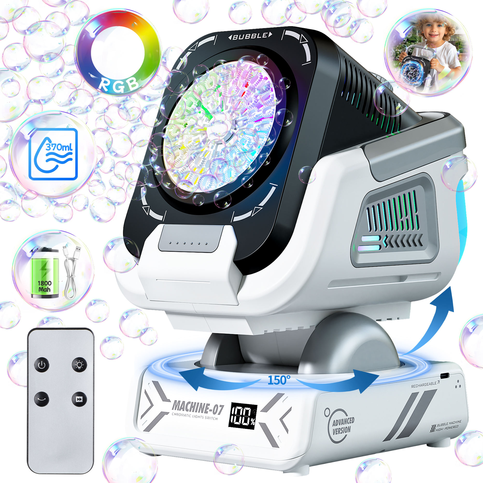 AliExpress 2025 Upgraded Version of the Bubble Machine with Remote Control, Automatic Rotation, and Rgb Lights, 1800Mah Rechargeable Battery, Type-C Charging, Suitable for Children, Weddings, Birthday Parties, and Outdoor Activities, Bubble Machine Does Not Include Bubble Liquid