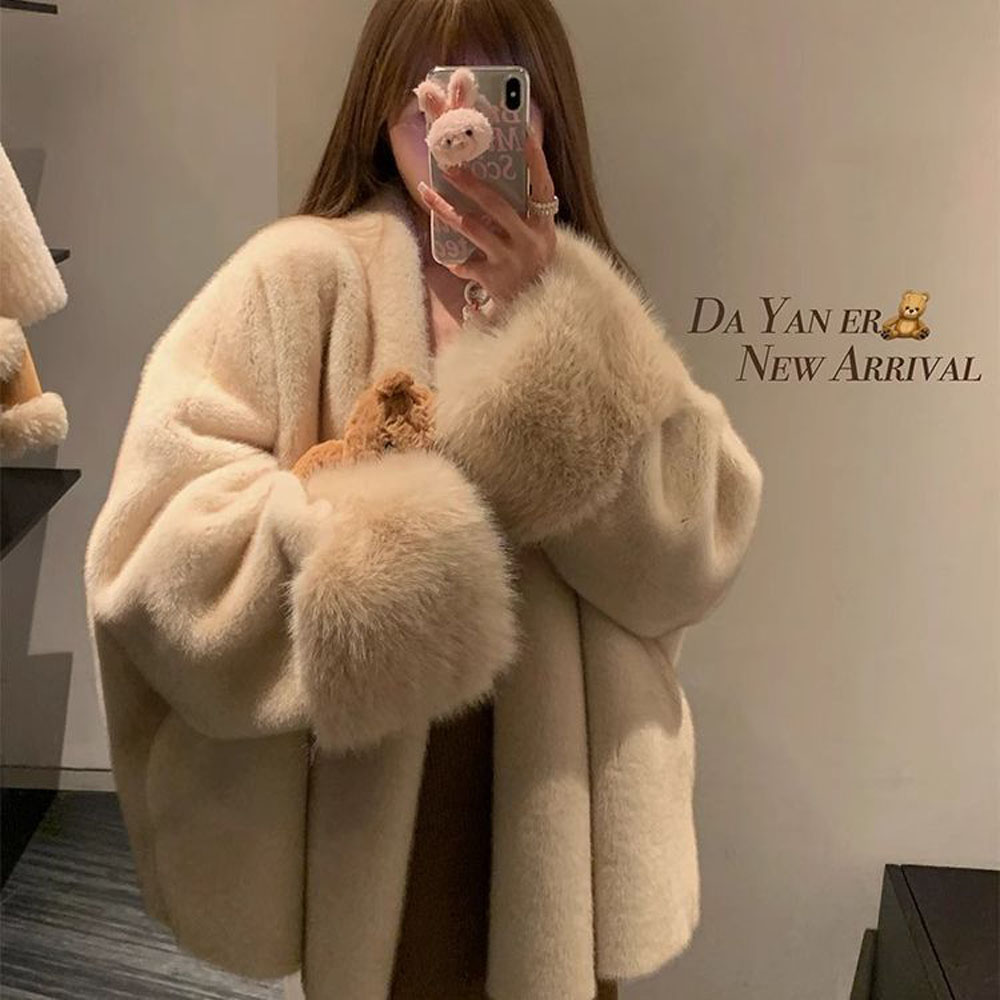 AliExpress 2026 Imported Velvet Mink Fur Coat With Mink Fur Collar,Temperament  Medium Length Fur Jacket Women