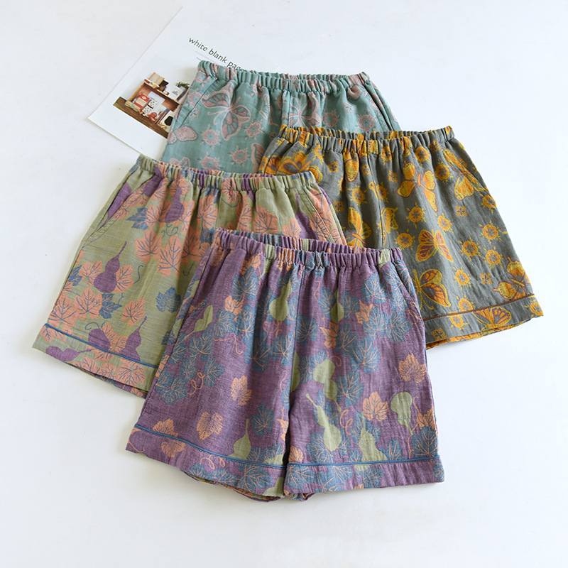 AliExpress 2026 Japanese Summer New Women's Shorts 100% Cotton Vintage Yarn Weaving Printed Sleepwear Thin Loose Pocket Shorts Home Pants