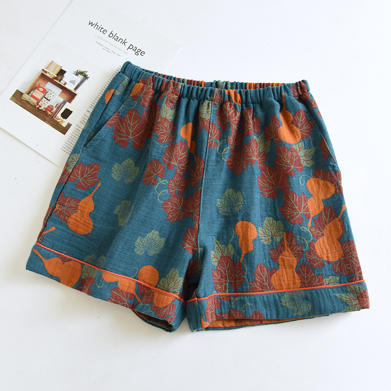 AliExpress 2026 Japanese Summer New Women's Shorts 100% Cotton Vintage Yarn Weaving Printed Sleepwear Thin Loose Pocket Shorts Home Pants, view 2