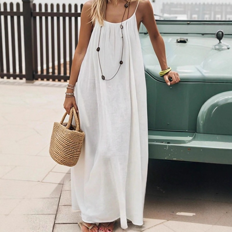 AliExpress 2026 Loose-Fit Spaghetti Strap Dress Women's Casual Homewear Summer Dress Solid-Color Vacation Cool Homewear