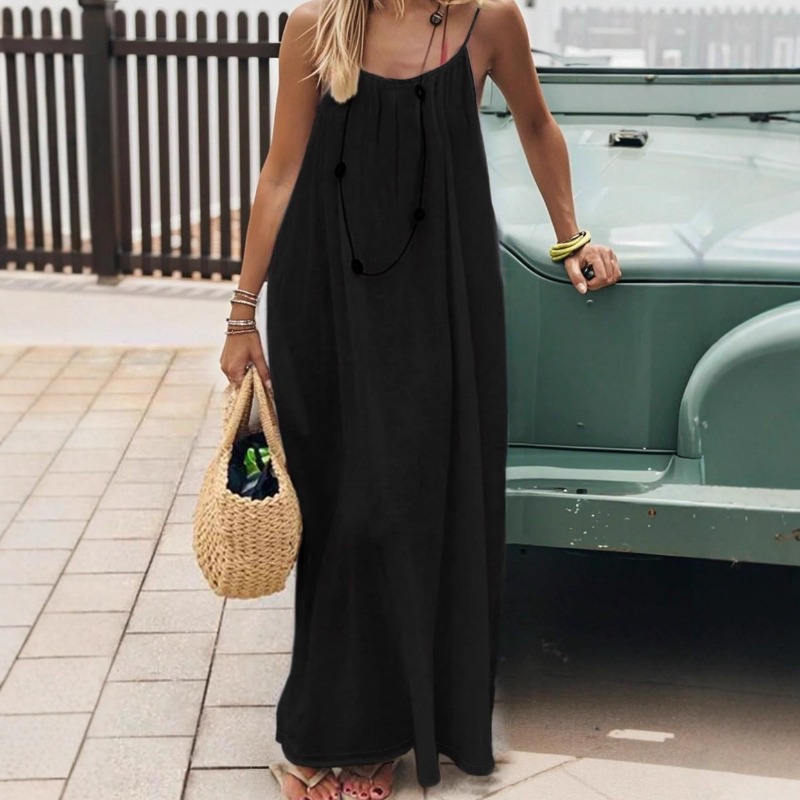 AliExpress 2026 Loose-Fit Spaghetti Strap Dress Women's Casual Homewear Summer Dress Solid-Color Vacation Cool Homewear, view 3