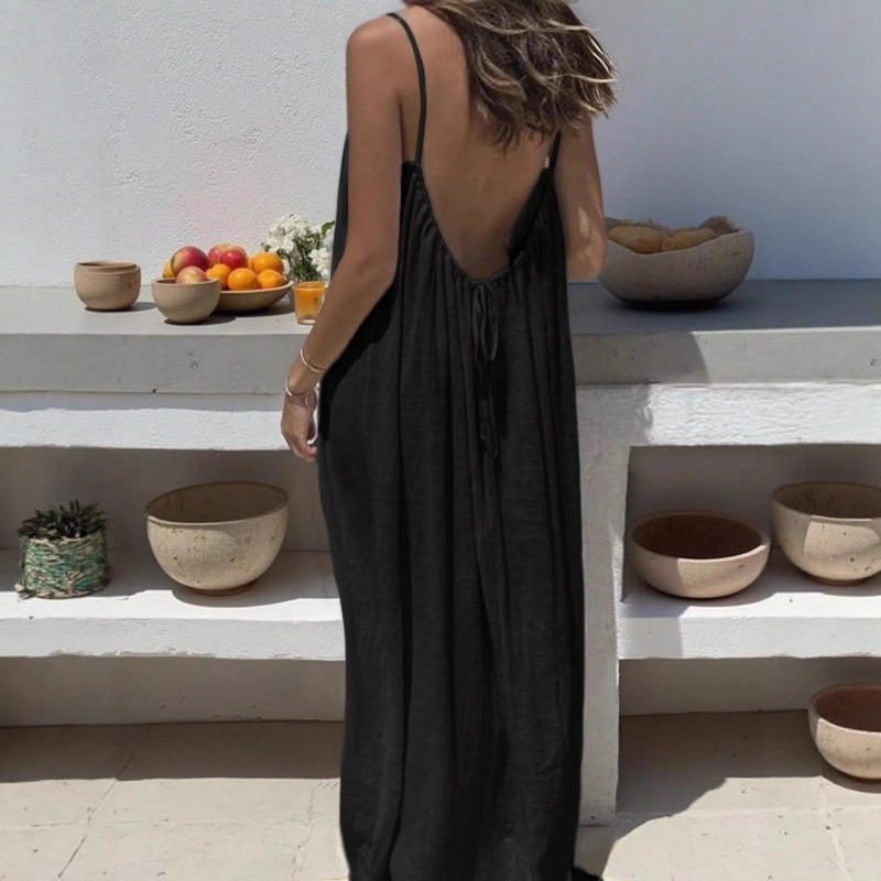 AliExpress 2026 Loose-Fit Spaghetti Strap Dress Women's Casual Homewear Summer Dress Solid-Color Vacation Cool Homewear, view 4