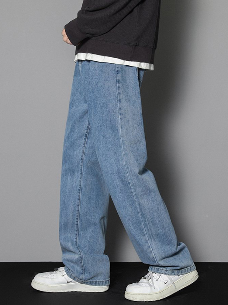 AliExpress 2026 New Korean Men's Casual Long Jeans Classic Man Straight Denim Wide-leg Pants Solid Color Light Blue Grey Black