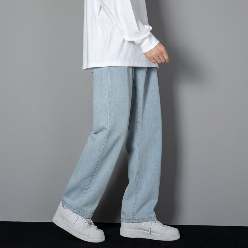 AliExpress 2026 New Korean Men's Casual Long Jeans Classic Man Straight Denim Wide-leg Pants Solid Color Light Blue Grey Black, view 2