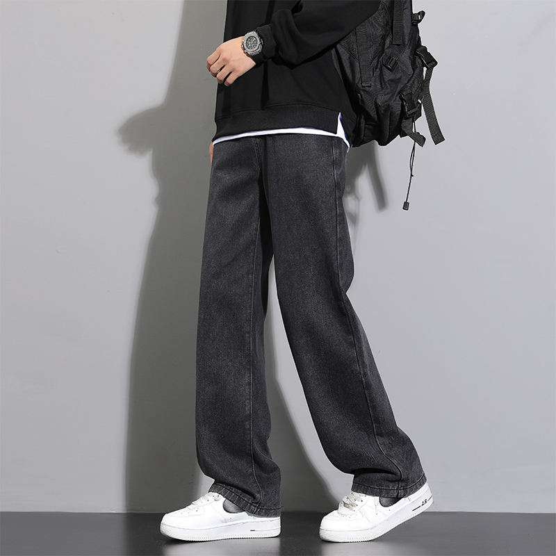 AliExpress 2026 New Korean Men's Casual Long Jeans Classic Man Straight Denim Wide-leg Pants Solid Color Light Blue Grey Black, view 4