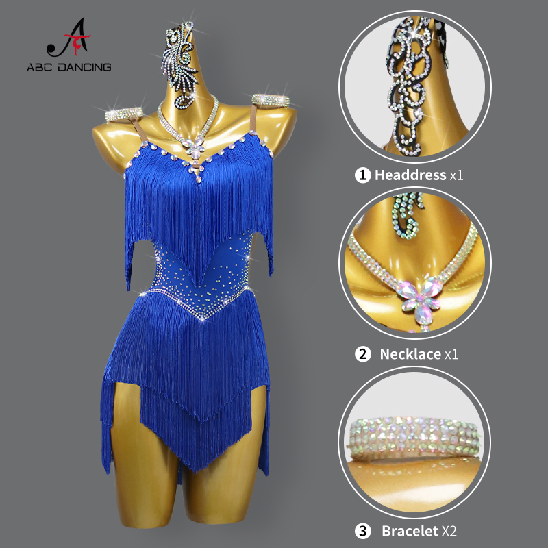AliExpress 2026 New Latin Performance Dance Dress Women Sexy Outdoor Ballroom Party Fringe Skirt Sport Practice Wear Blue Prom Evening Suit, view 2