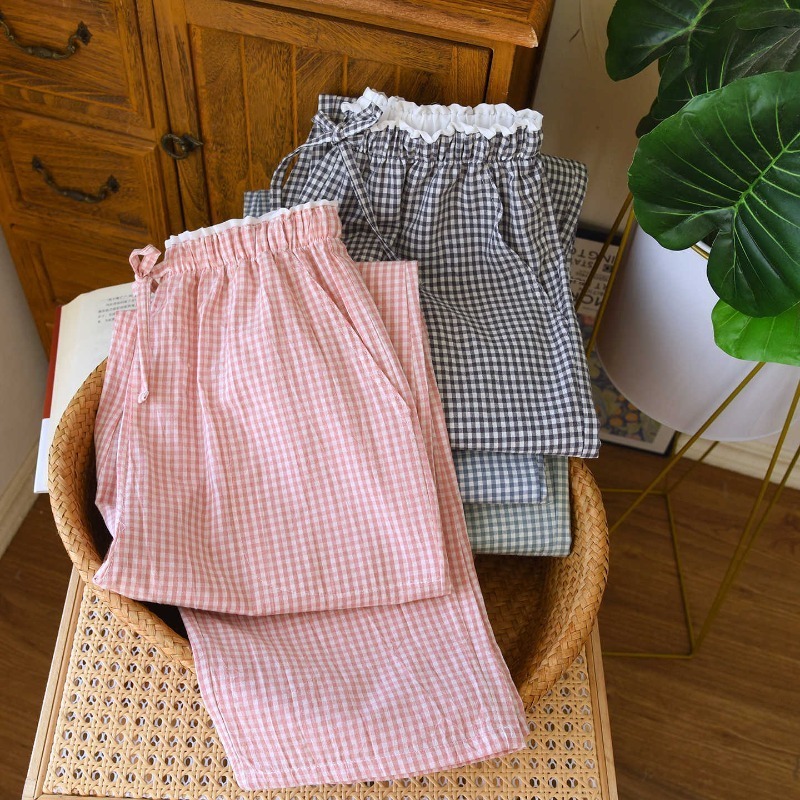AliExpress 2026 New Spring And Autumn Women's Sleeper Pants 100% Cotton Lace Plaid Loose Casual Wide Leg Pants Home
